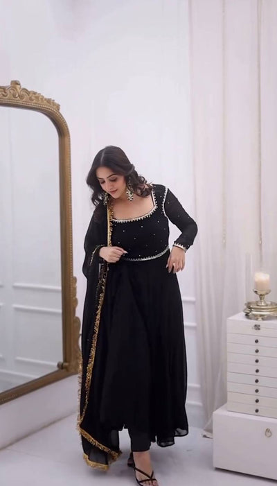 Black Embellished Anarkali Suit Set with Dupatta & Bottom – Elegant Festive & Party Wear for Women