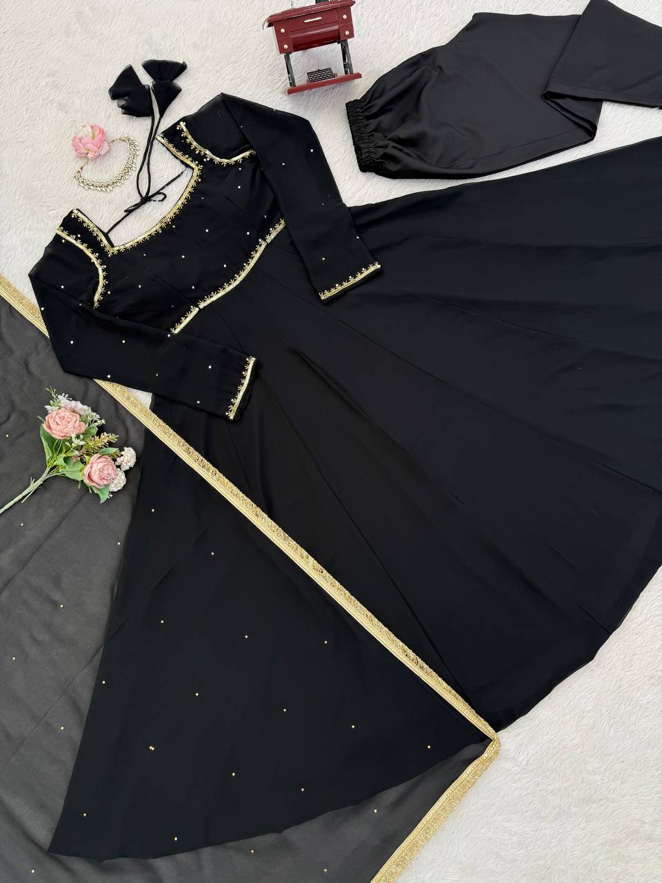 Black Embellished Anarkali Suit Set with Dupatta & Bottom – Elegant Festive & Party Wear for Women