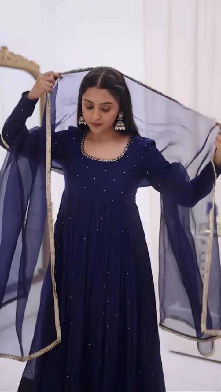 Navy Blue Minimal Embellished Anarkali Suit Set with Dupatta & Bottom – Elegant Festive Wear for Women