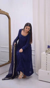Navy Blue Minimal Embellished Anarkali Suit Set with Dupatta & Bottom – Elegant Festive Wear for Women