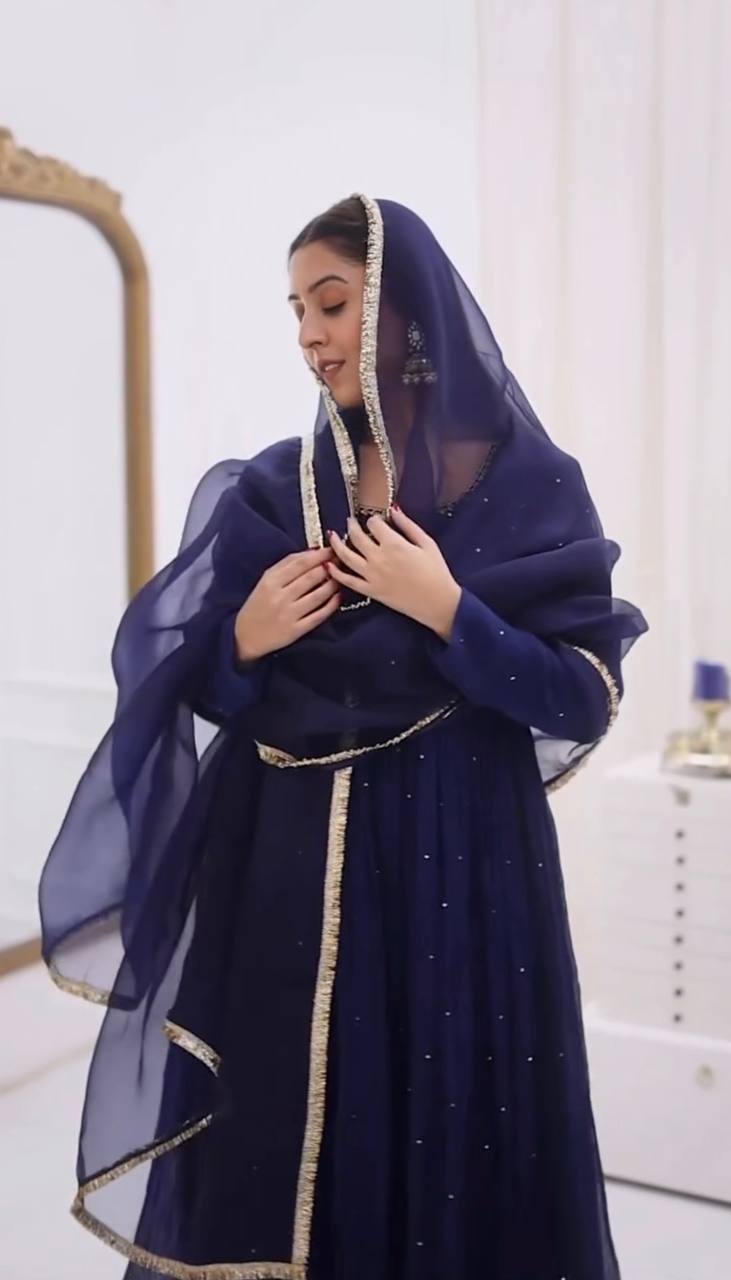 Navy Blue Minimal Embellished Anarkali Suit Set with Dupatta & Bottom – Elegant Festive Wear for Women