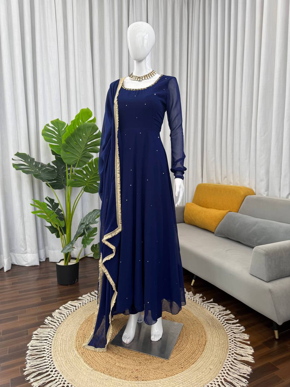 Navy Blue Minimal Embellished Anarkali Suit Set with Dupatta & Bottom – Elegant Festive Wear for Women