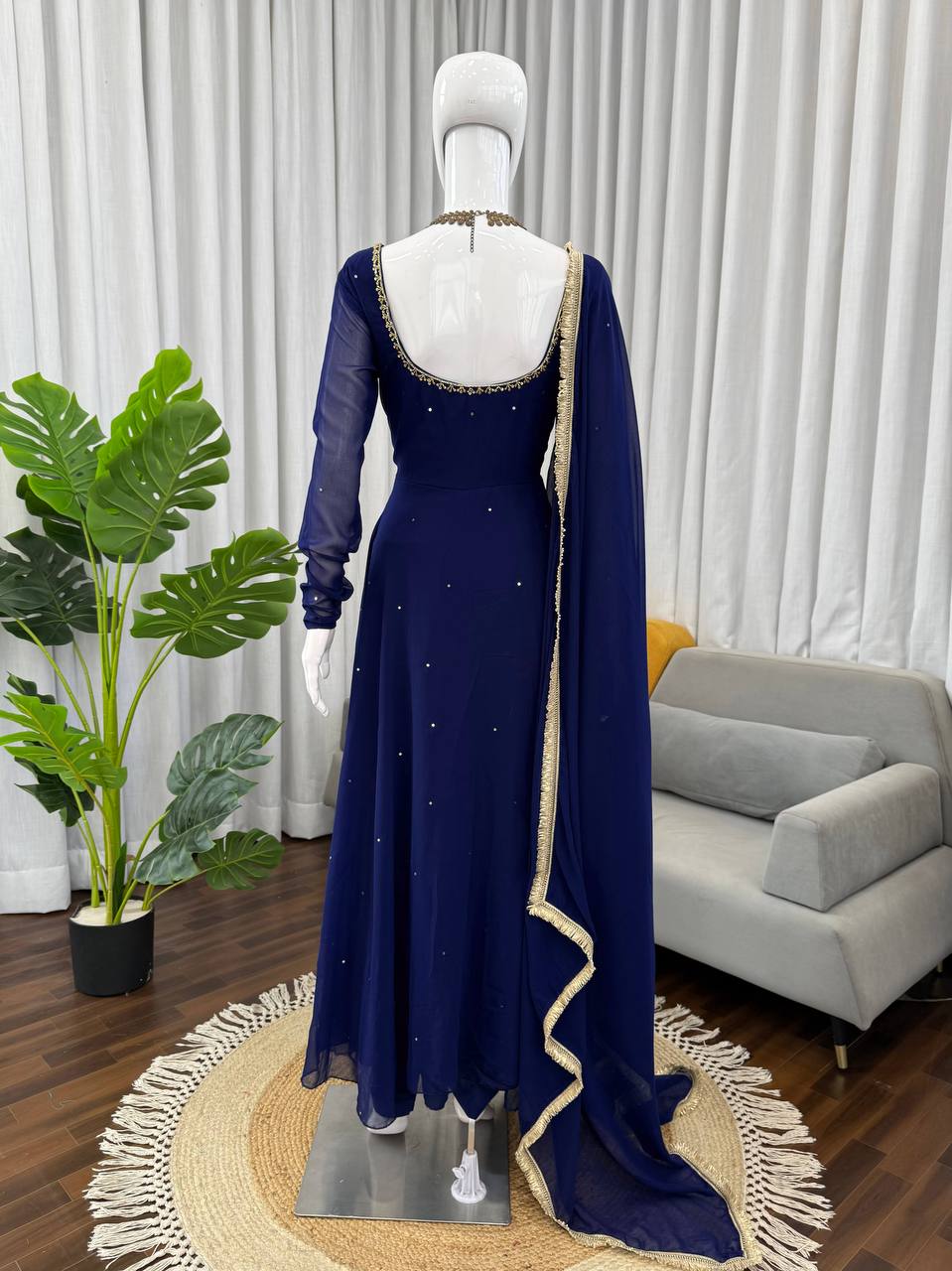 Navy Blue Minimal Embellished Anarkali Suit Set with Dupatta & Bottom – Elegant Festive Wear for Women