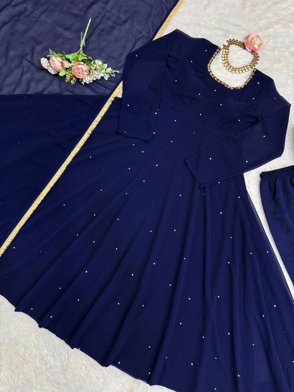 Navy Blue Minimal Embellished Anarkali Suit Set with Dupatta & Bottom – Elegant Festive Wear for Women