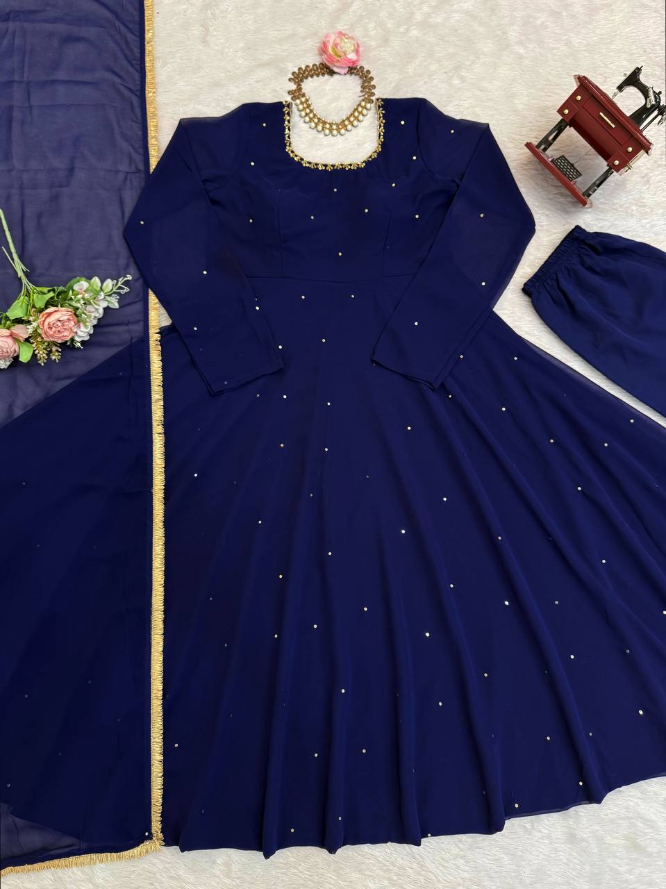 Navy Blue Minimal Embellished Anarkali Suit Set with Dupatta & Bottom – Elegant Festive Wear for Women