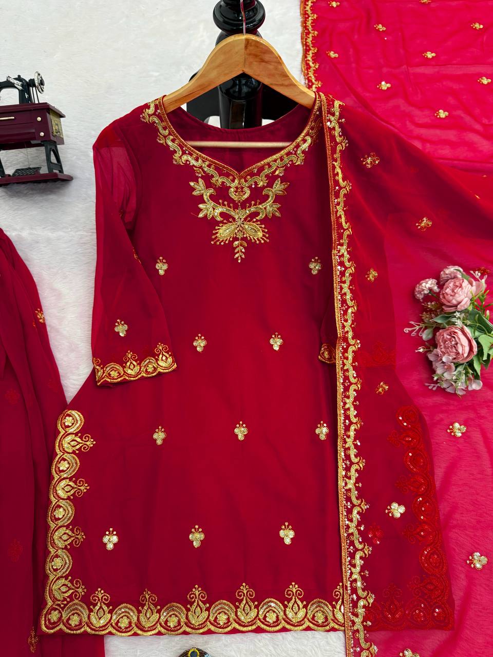 Maroon Embroidered Kurta Set with Dupatta & Bottom – Classic Festive & Wedding Wear for Women