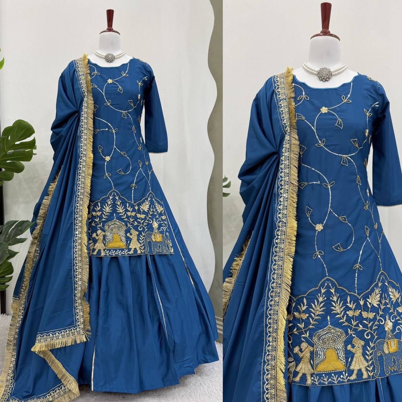 Royal Hand-Embroidered Kurta Sharara Set with Dupatta – Blue & Black