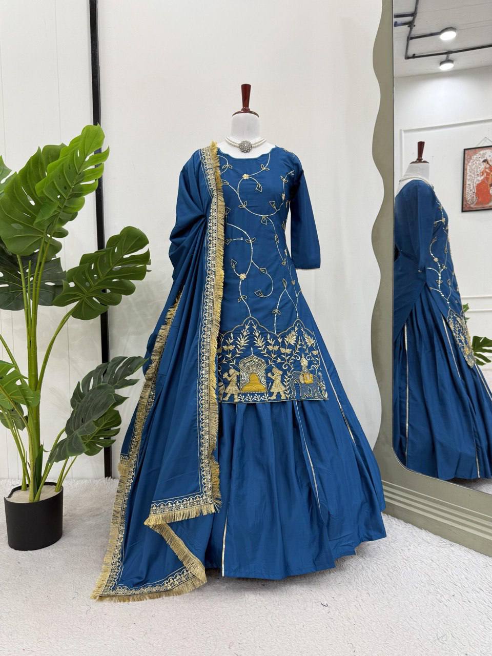 Royal Hand-Embroidered Kurta Sharara Set with Dupatta – Blue & Black