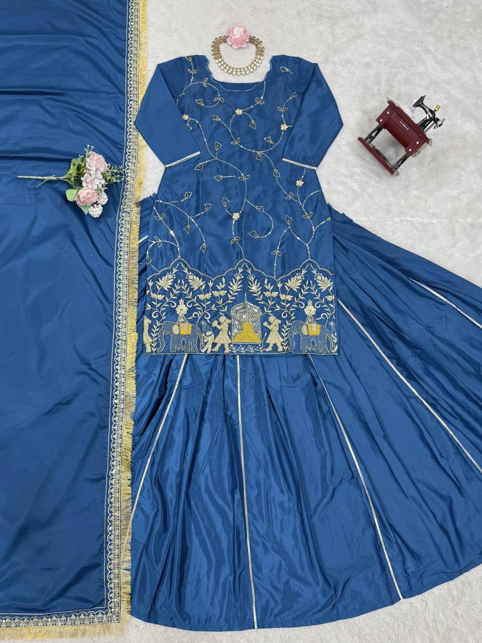 Royal Hand-Embroidered Kurta Sharara Set with Dupatta – Blue & Black