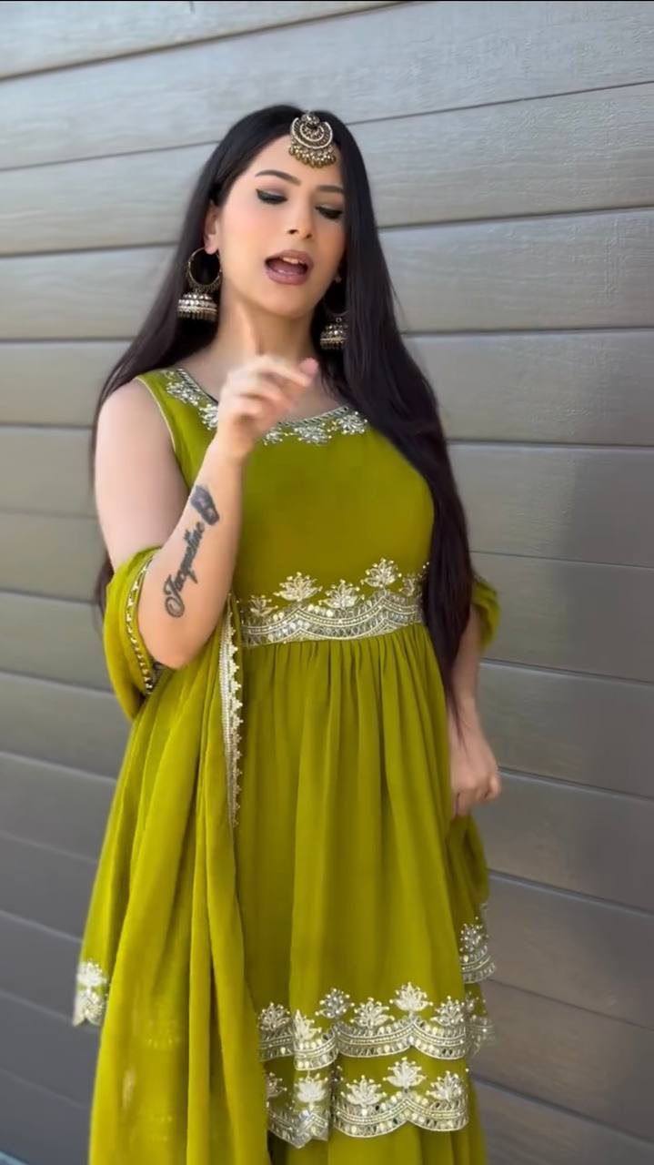 Olive Green Embroidered Crop Top Sharara Set with Dupatta