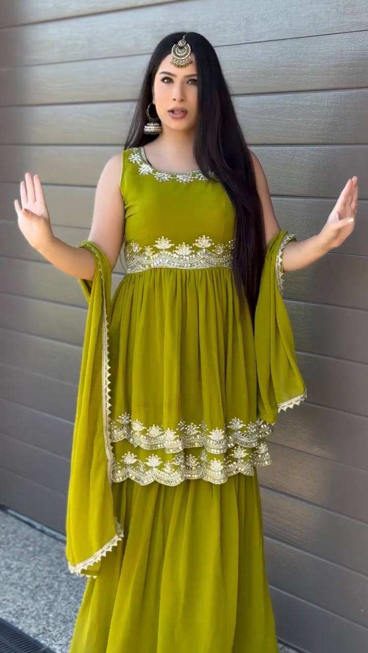 Olive Green Embroidered Crop Top Sharara Set with Dupatta