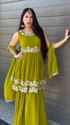 Olive Green Embroidered Crop Top Sharara Set with Dupatta