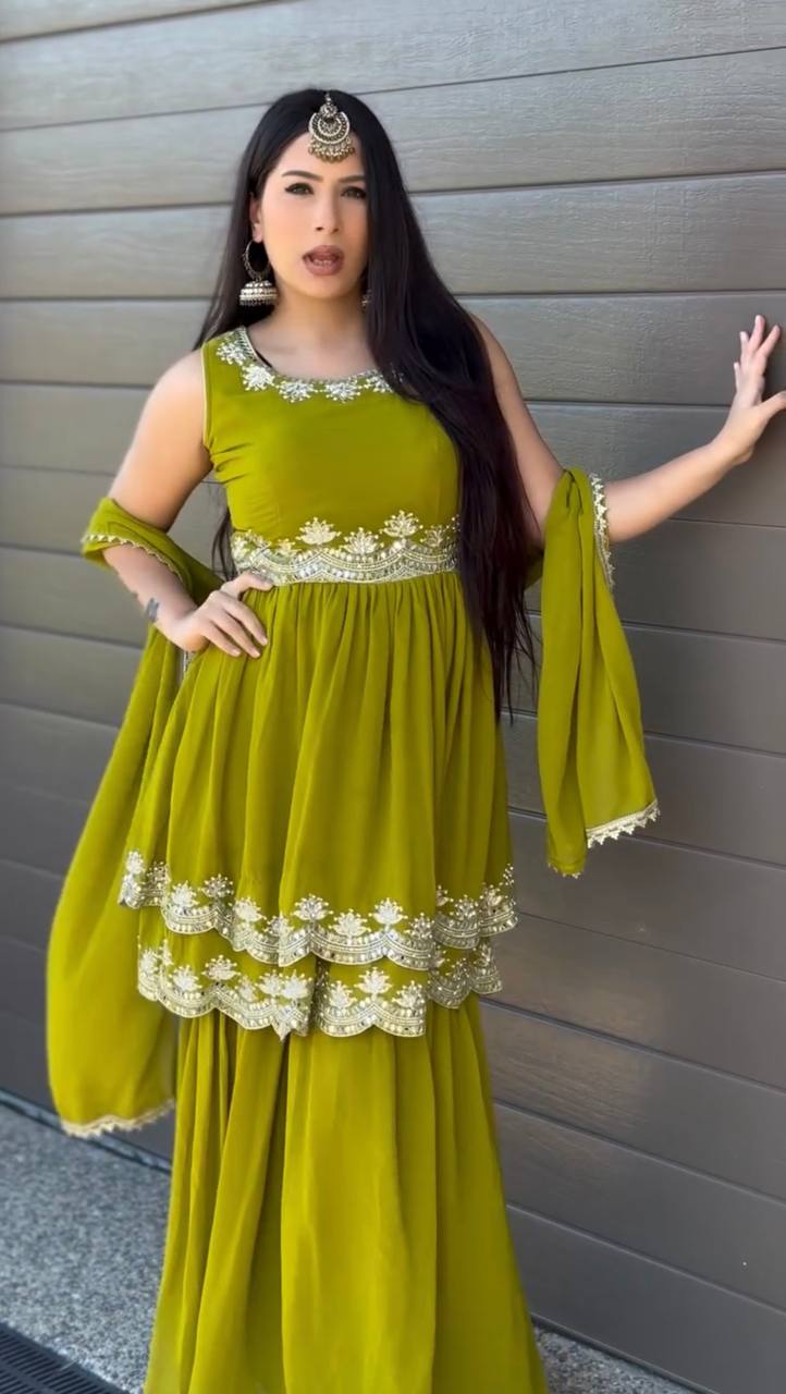 Olive Green Embroidered Crop Top Sharara Set with Dupatta