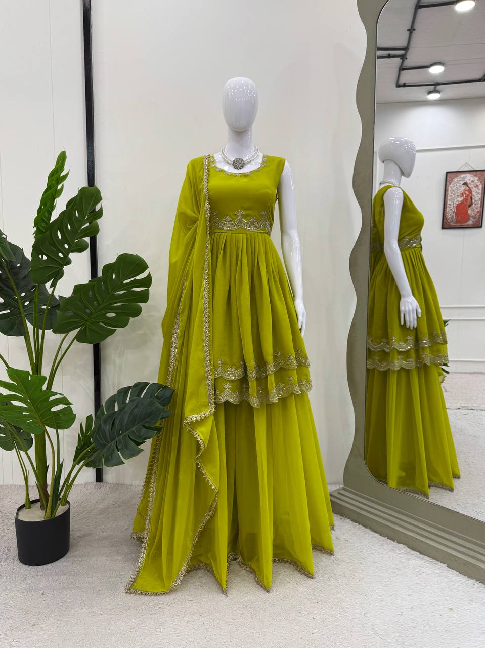 Olive Green Embroidered Crop Top Sharara Set with Dupatta