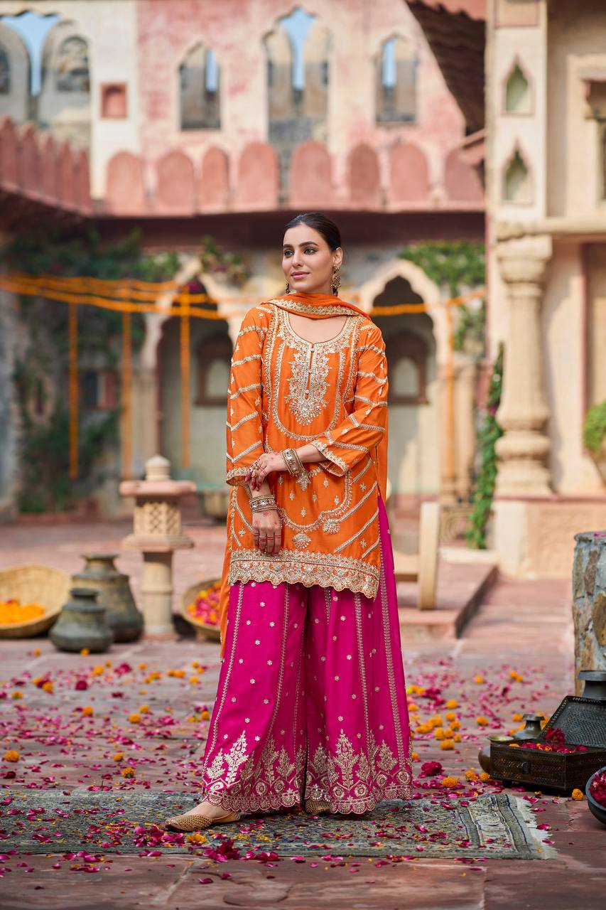 Orange Embroidered Kurta Sharara Set with Pink Bottom & Dupatta
