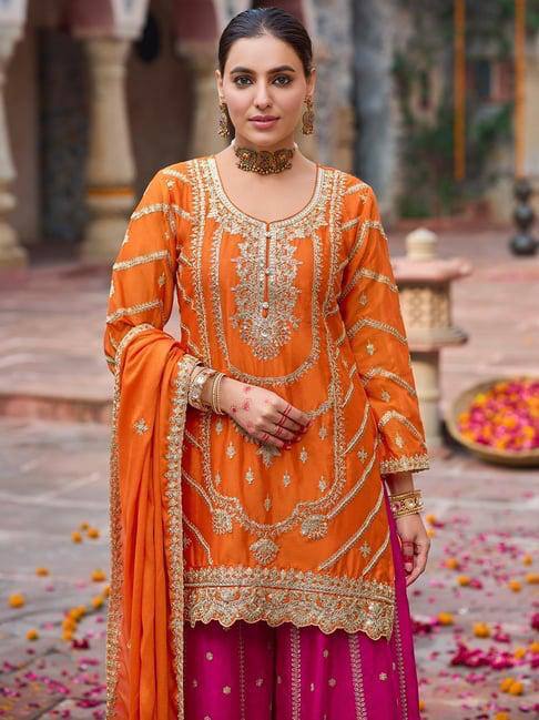 Orange Embroidered Kurta Sharara Set with Pink Bottom & Dupatta