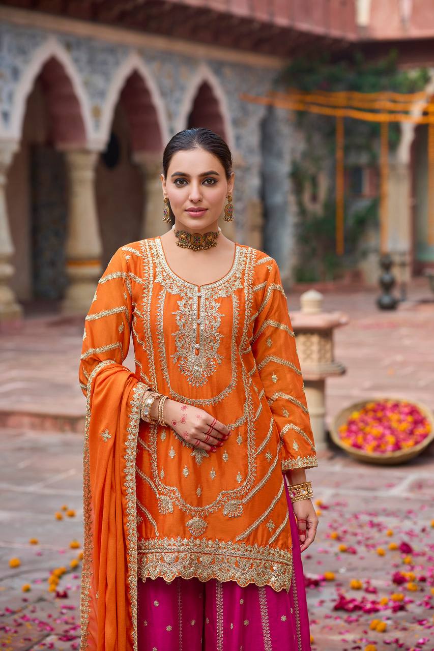 Orange Embroidered Kurta Sharara Set with Pink Bottom & Dupatta