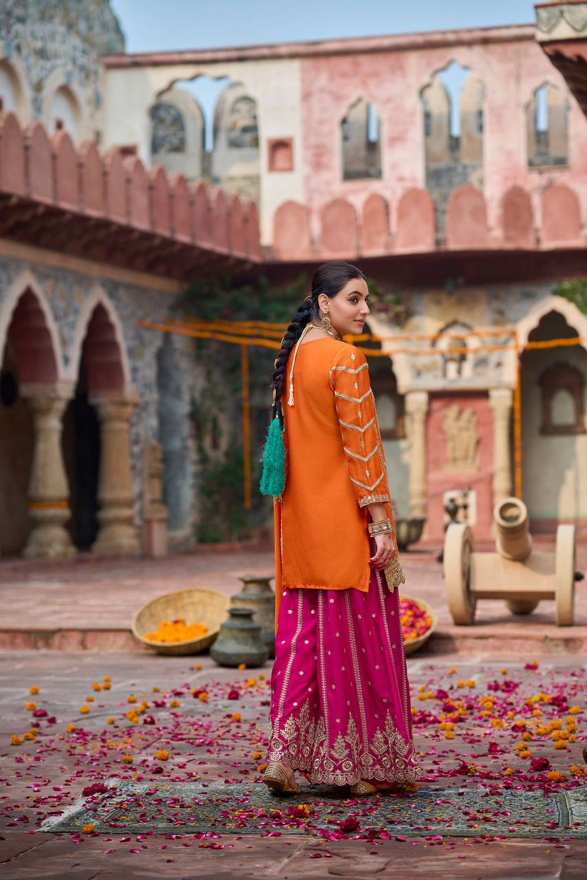 Orange Embroidered Kurta Sharara Set with Pink Bottom & Dupatta