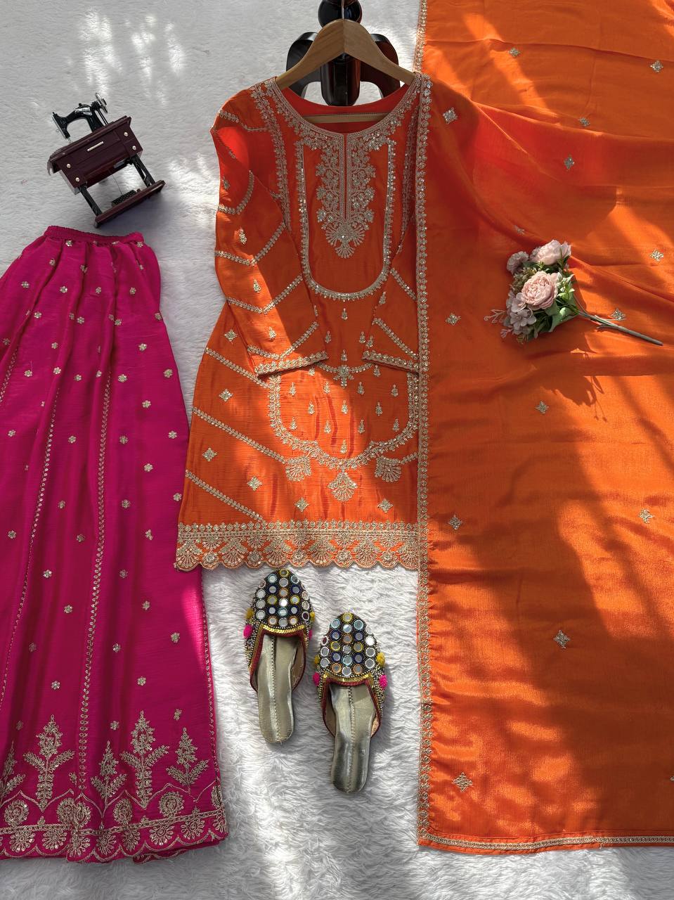 Orange Embroidered Kurta Sharara Set with Pink Bottom & Dupatta