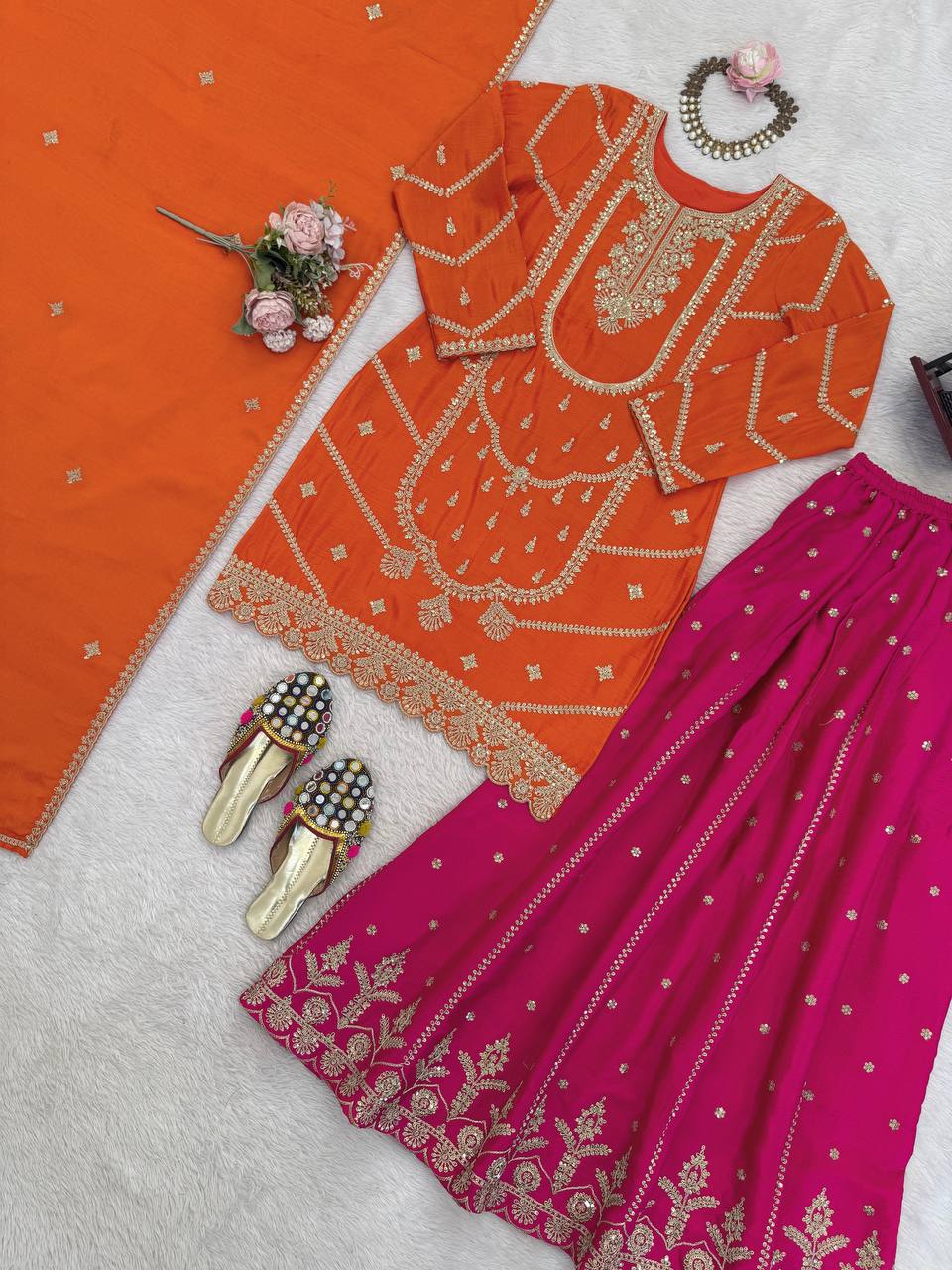 Orange Embroidered Kurta Sharara Set with Pink Bottom & Dupatta