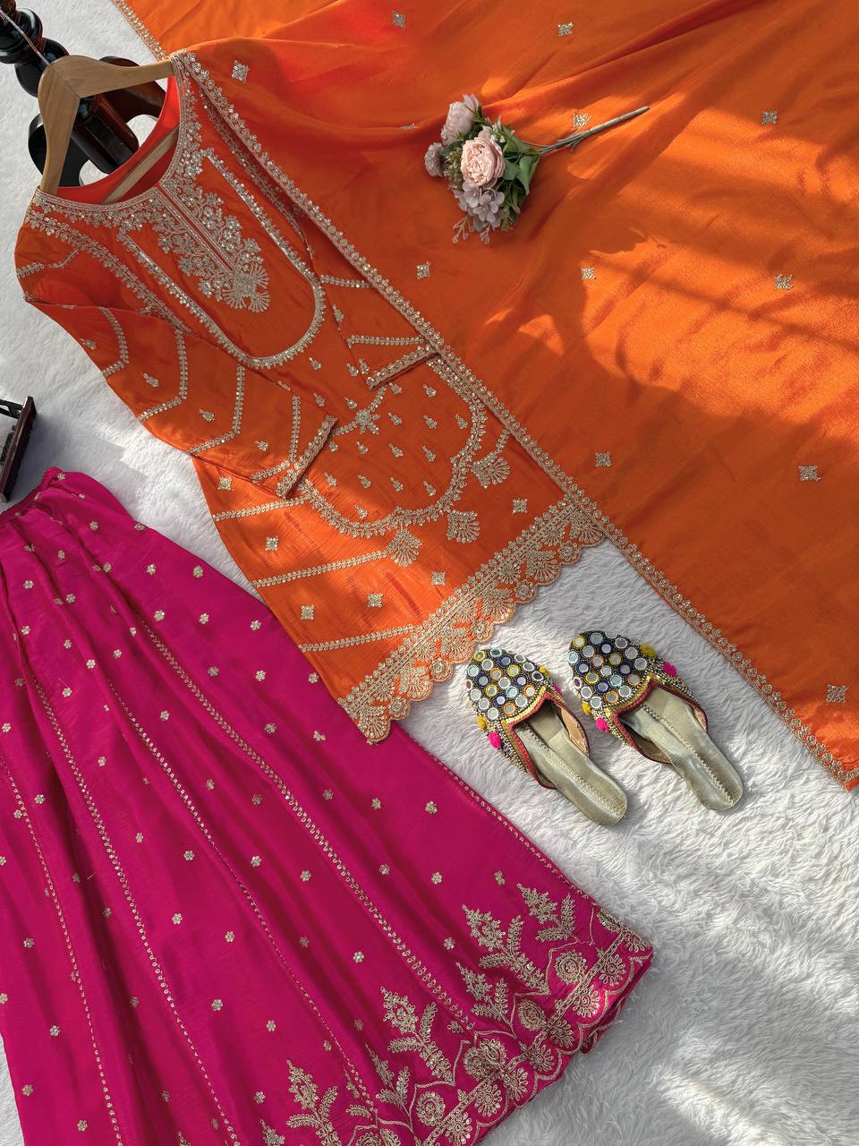 Orange Embroidered Kurta Sharara Set with Pink Bottom & Dupatta
