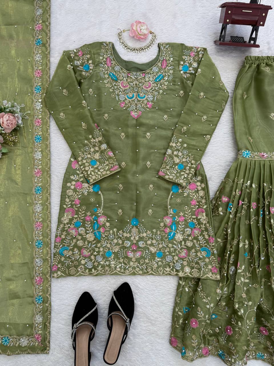 Heavy Embroidered Kurta Sharara Set with Dupatta | 5 Color Options