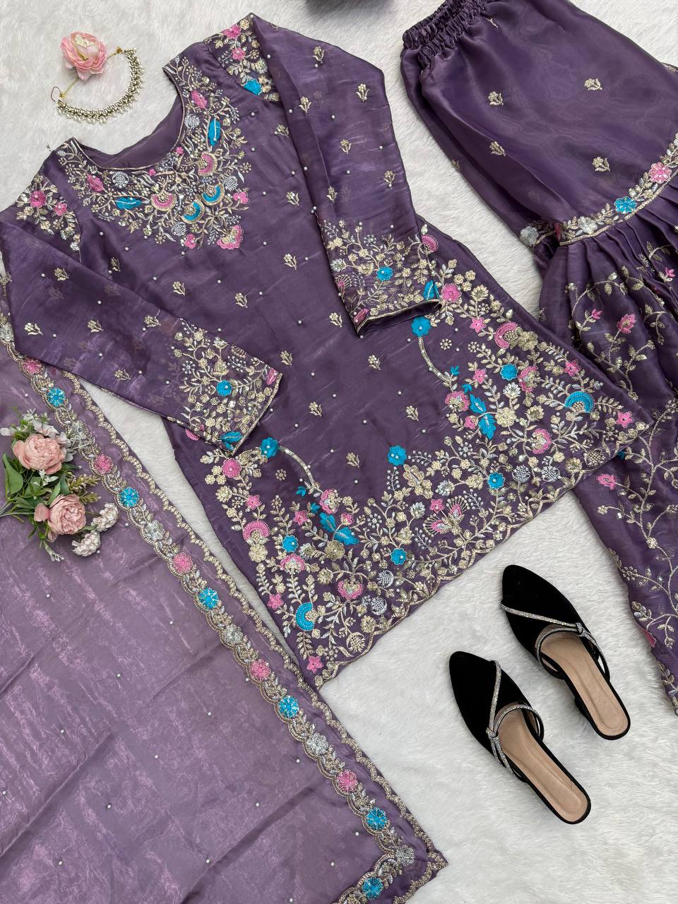 Heavy Embroidered Kurta Sharara Set with Dupatta | 5 Color Options