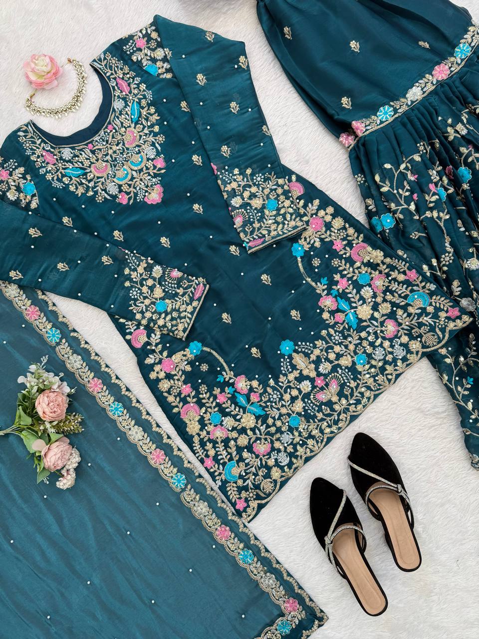 Heavy Embroidered Kurta Sharara Set with Dupatta | 5 Color Options
