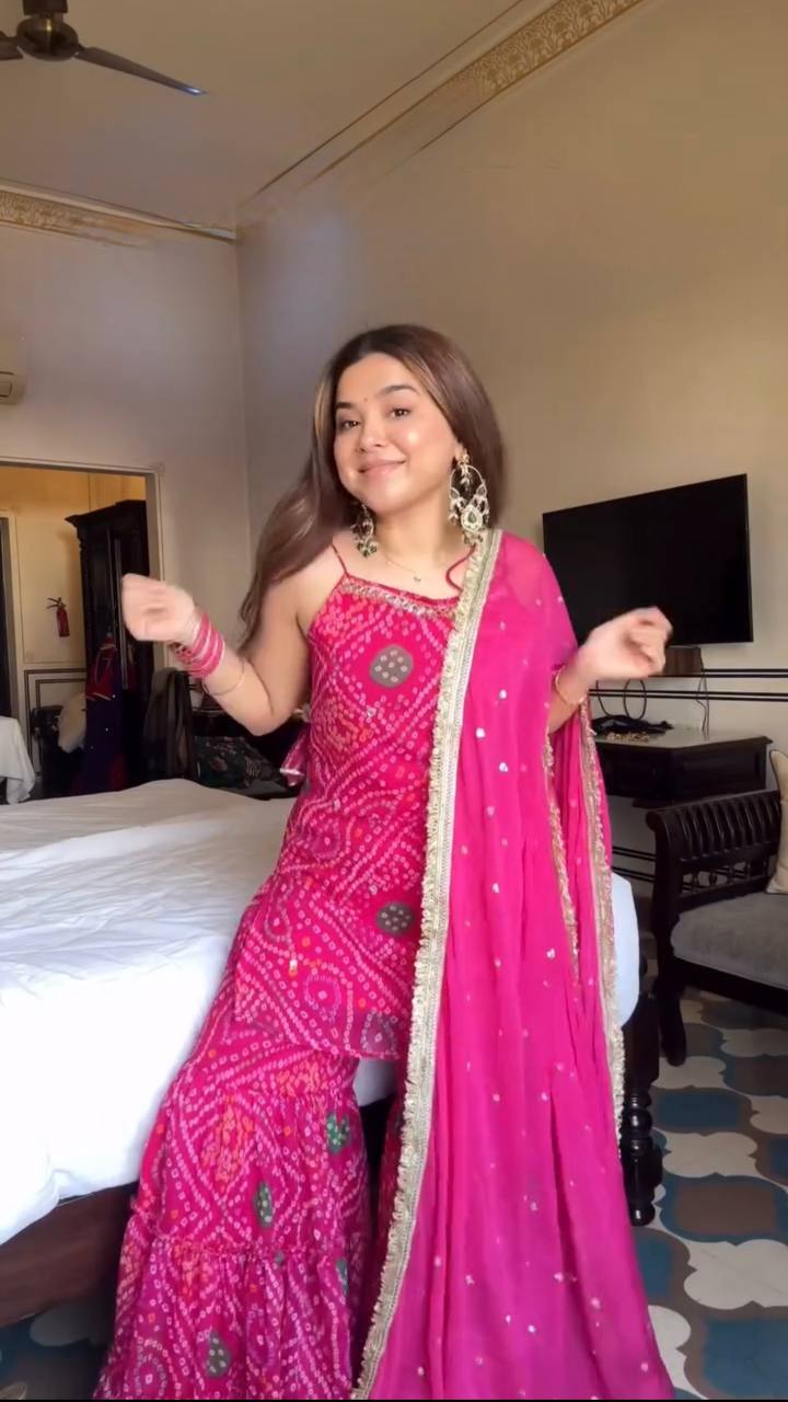 Pink Bandhani Print Kurti Sharara Set with Dupatta