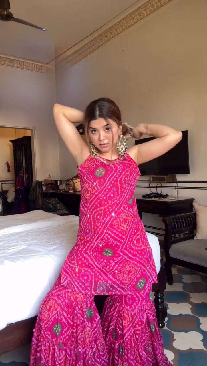 Pink Bandhani Print Kurti Sharara Set with Dupatta