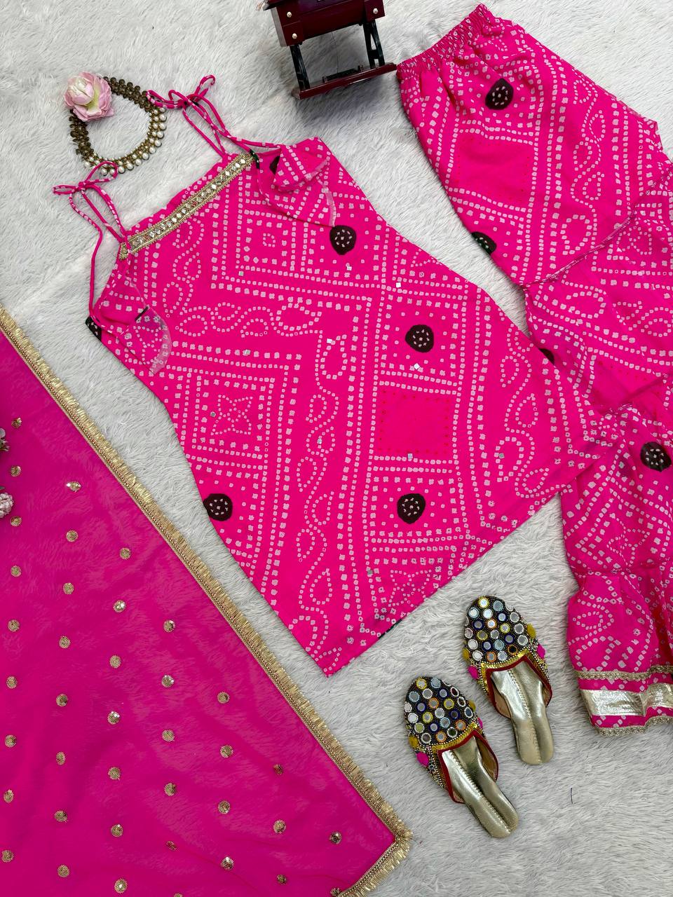 Pink Bandhani Print Kurti Sharara Set with Dupatta