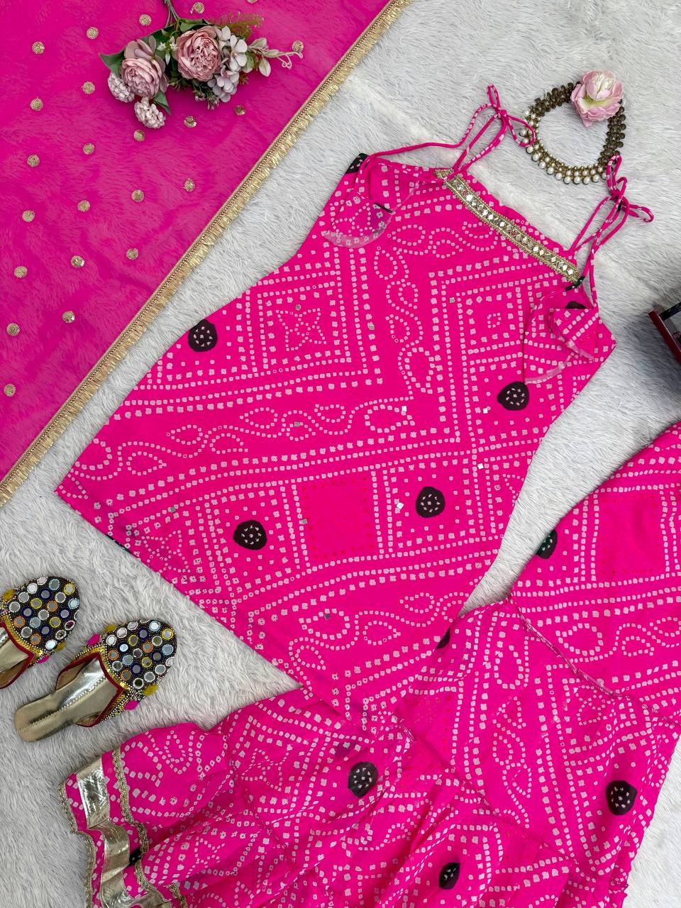 Pink Bandhani Print Kurti Sharara Set with Dupatta