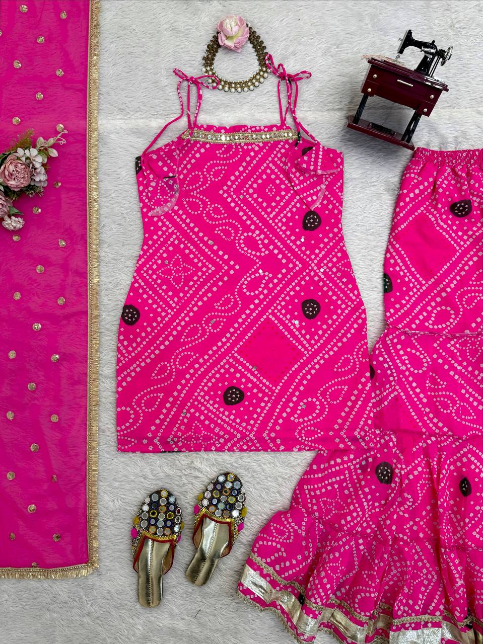 Pink Bandhani Print Kurti Sharara Set with Dupatta