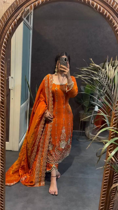 Rust Orange Embroidered Kurta Pant Set with Dupatta
