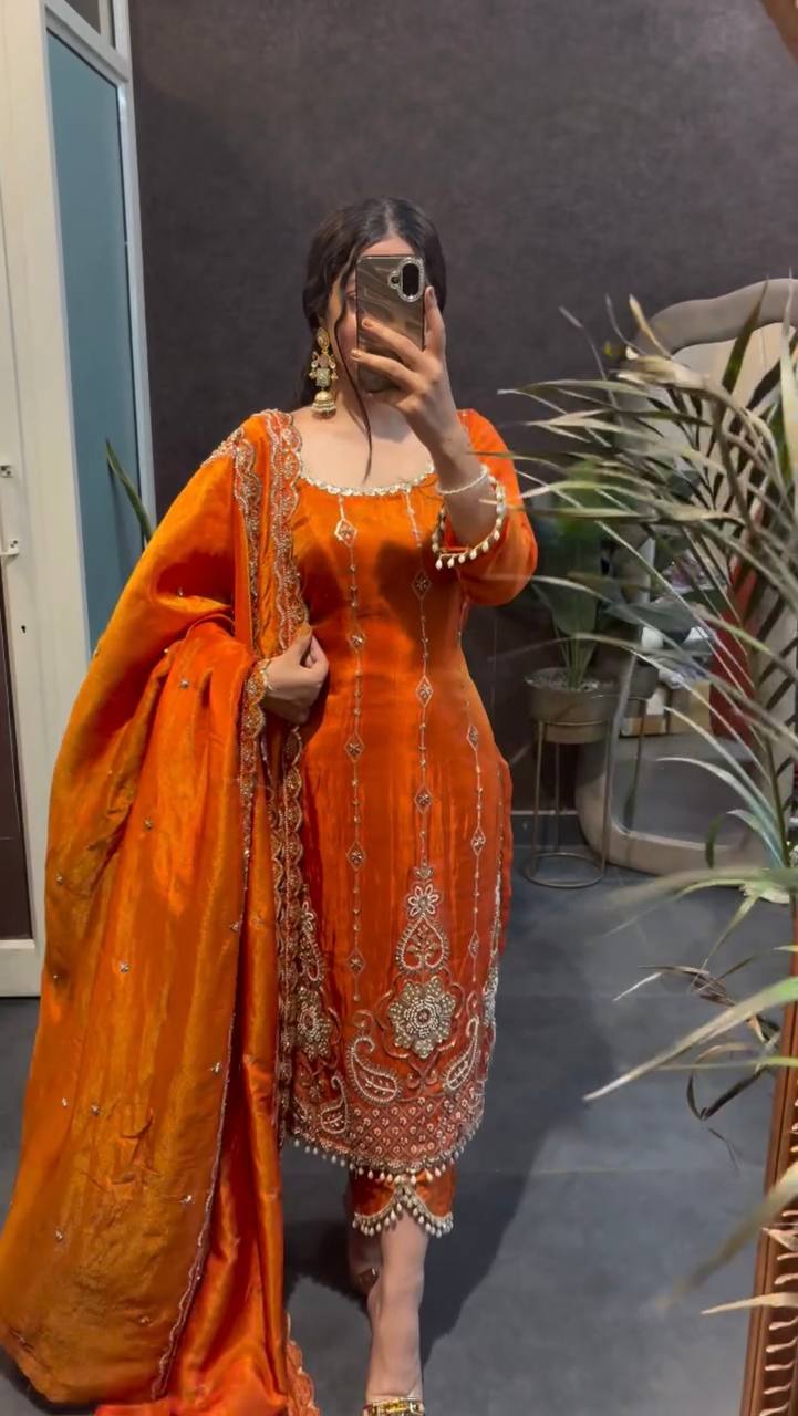 Rust Orange Embroidered Kurta Pant Set with Dupatta