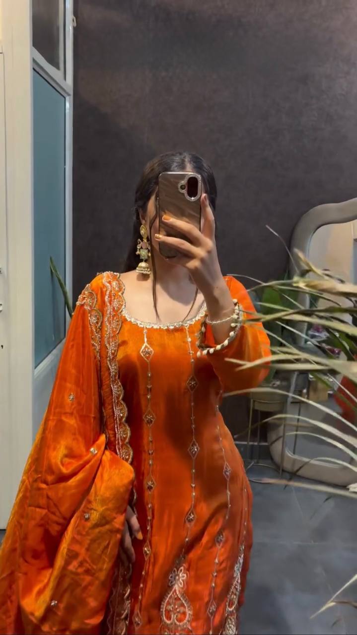Rust Orange Embroidered Kurta Pant Set with Dupatta