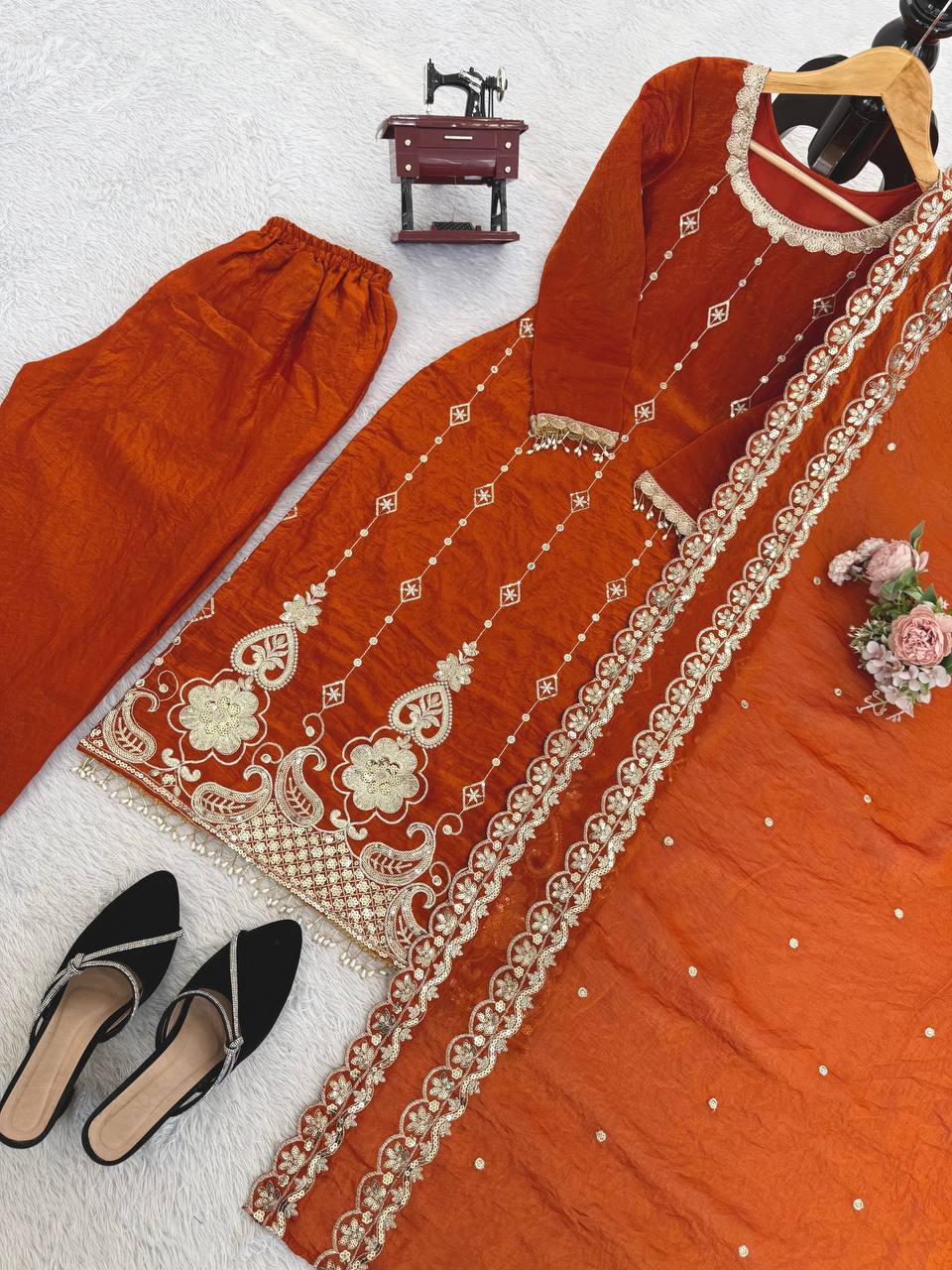 Rust Orange Embroidered Kurta Pant Set with Dupatta