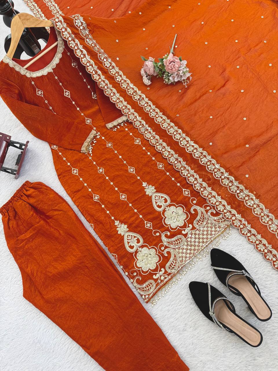 Rust Orange Embroidered Kurta Pant Set with Dupatta