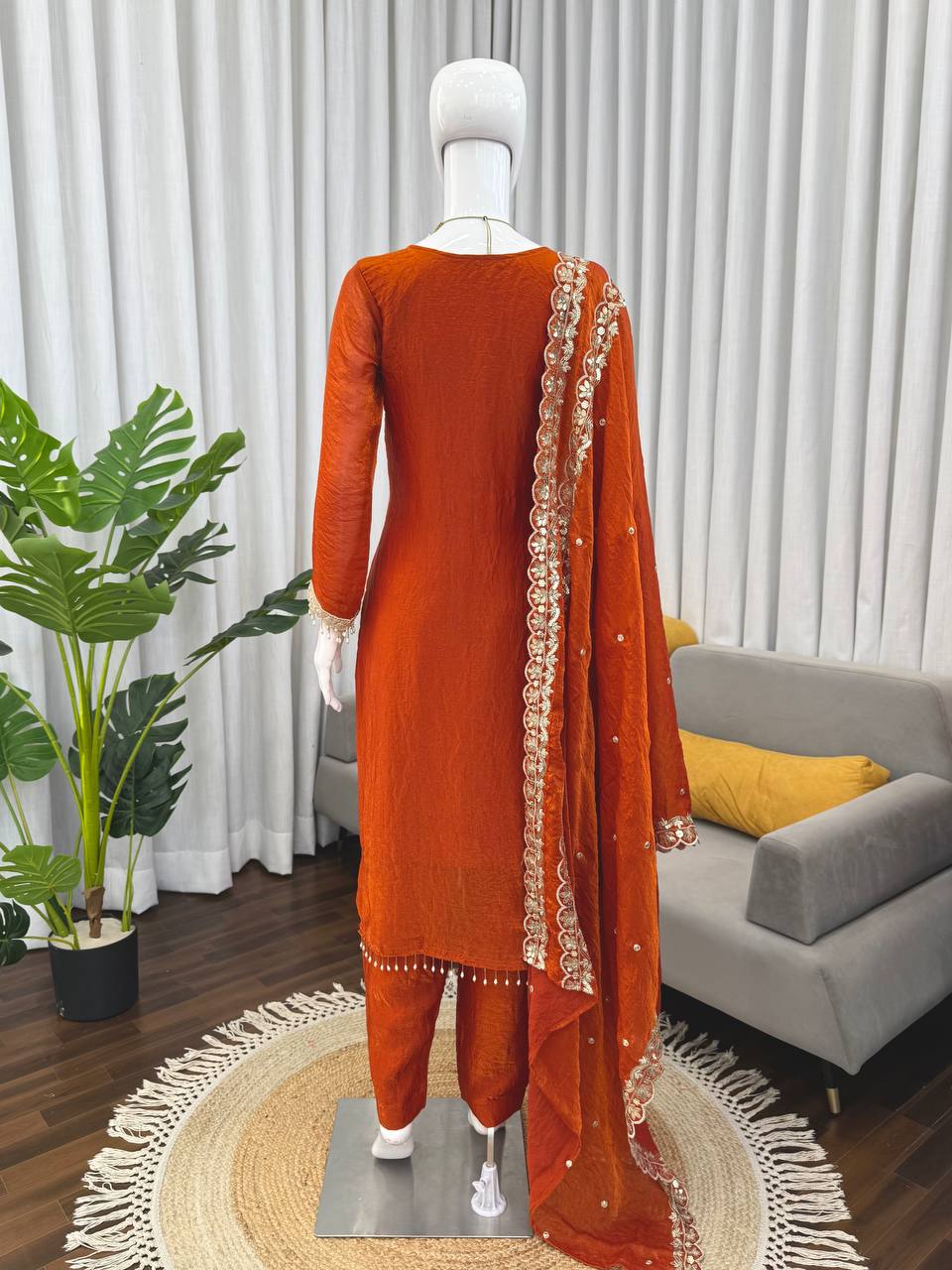 Rust Orange Embroidered Kurta Pant Set with Dupatta