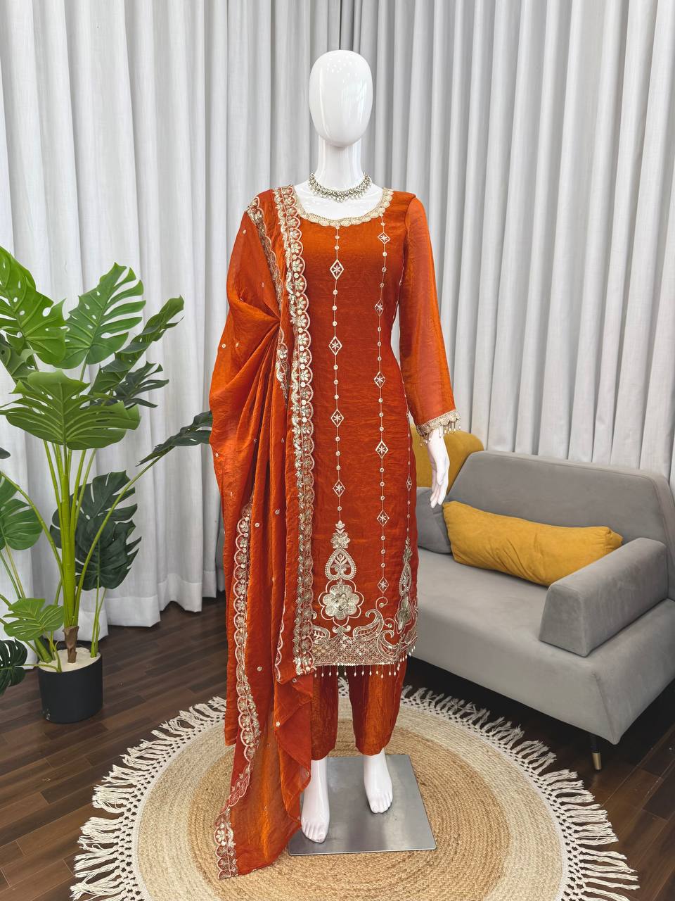 Rust Orange Embroidered Kurta Pant Set with Dupatta