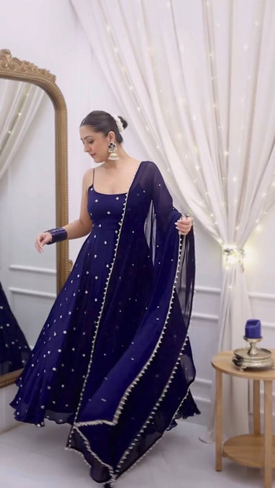 Navy Blue Embellished Anarkali Kurta Set with Dupatta & Pants