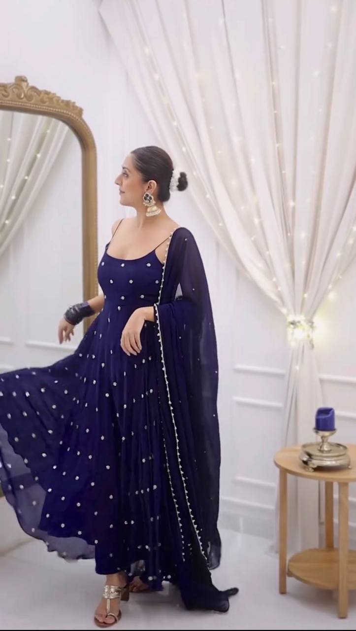 Navy Blue Embellished Anarkali Kurta Set with Dupatta & Pants