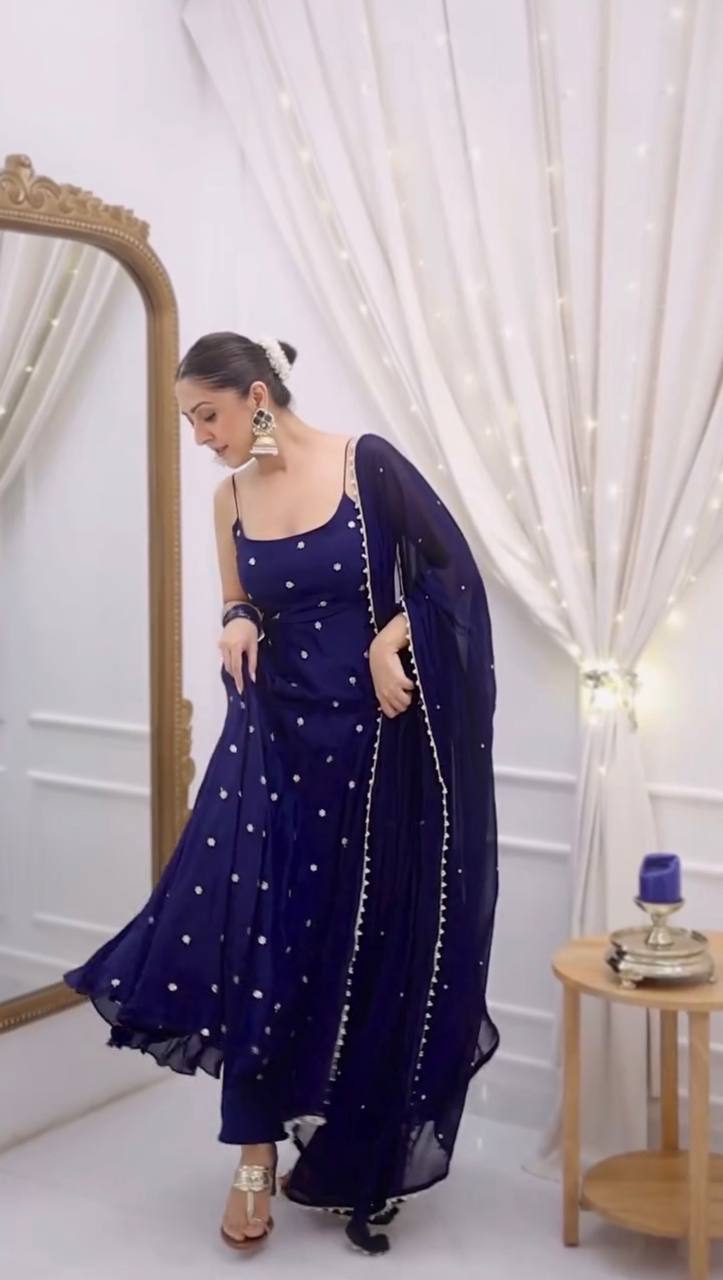 Navy Blue Embellished Anarkali Kurta Set with Dupatta & Pants