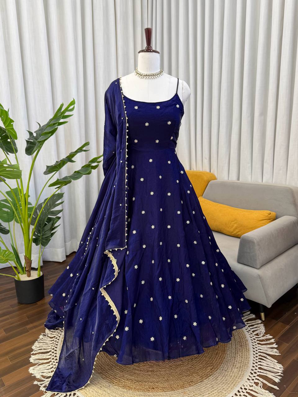 Navy Blue Embellished Anarkali Kurta Set with Dupatta & Pants