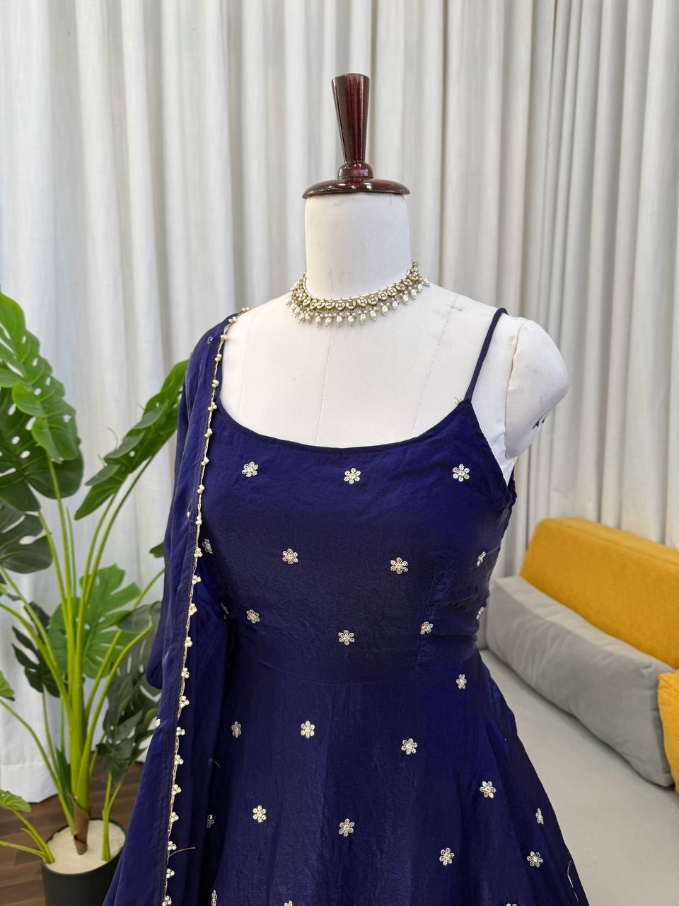 Navy Blue Embellished Anarkali Kurta Set with Dupatta & Pants
