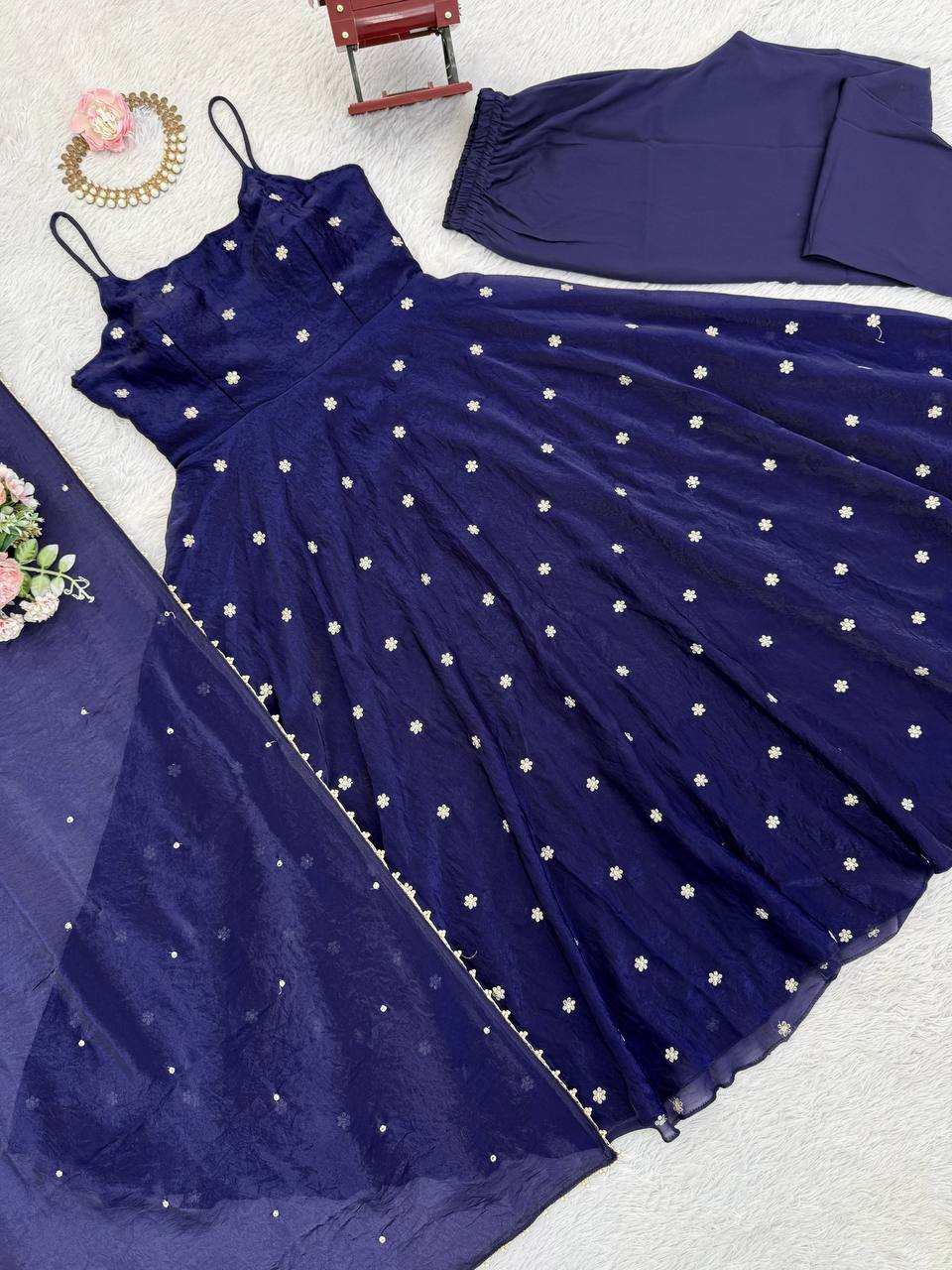 Navy Blue Embellished Anarkali Kurta Set with Dupatta & Pants