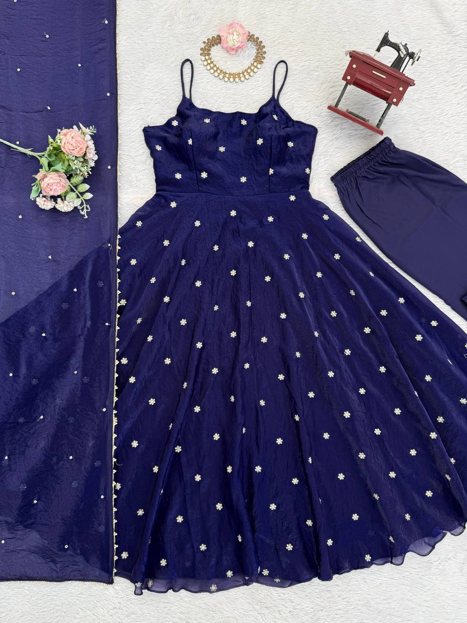 Navy Blue Embellished Anarkali Kurta Set with Dupatta & Pants