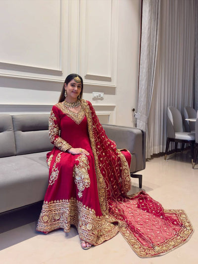 Maroon Heavy Embroidered Anarkali Kurta Set with Designer Dupatta