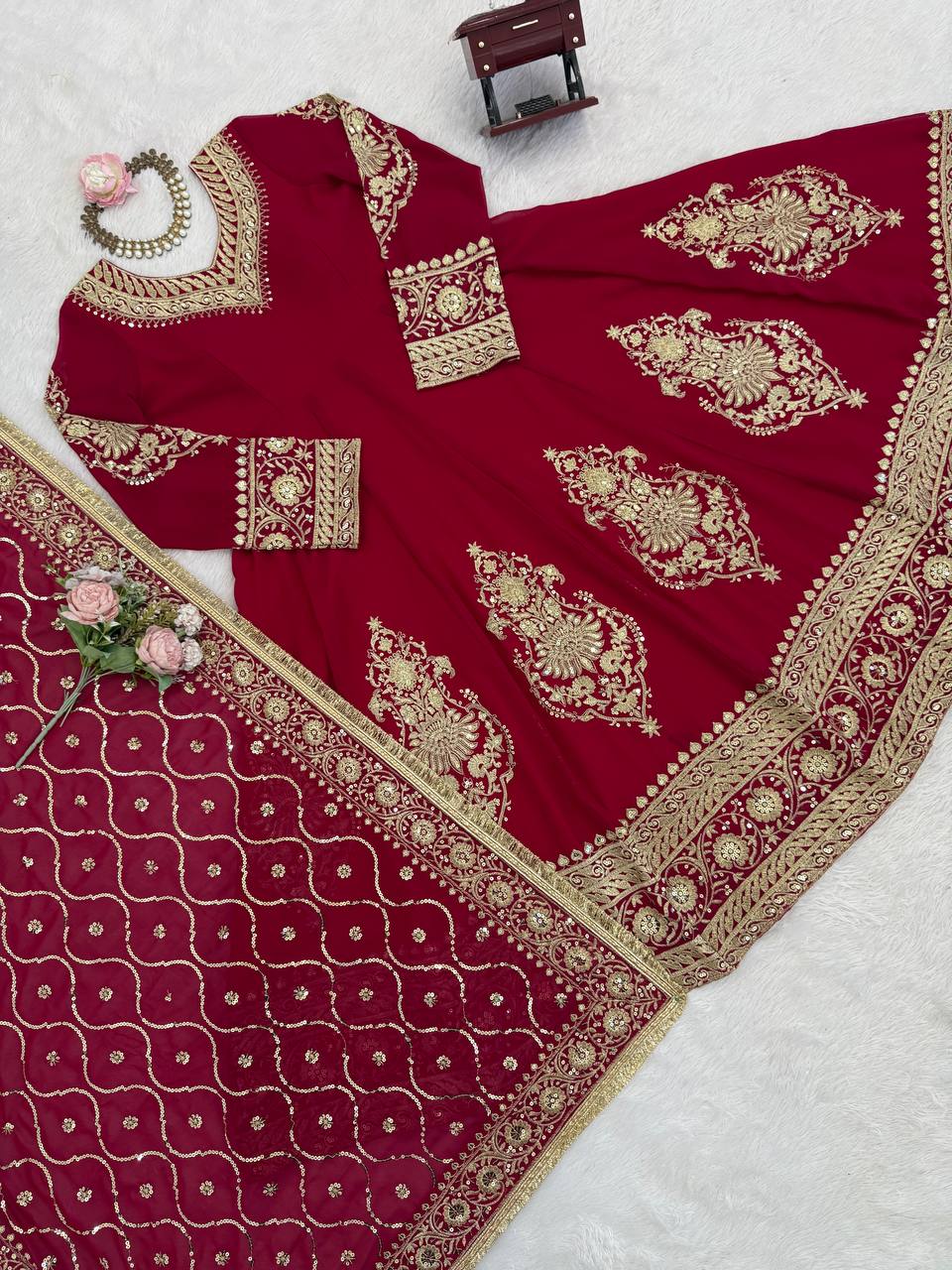 Maroon Heavy Embroidered Anarkali Kurta Set with Designer Dupatta