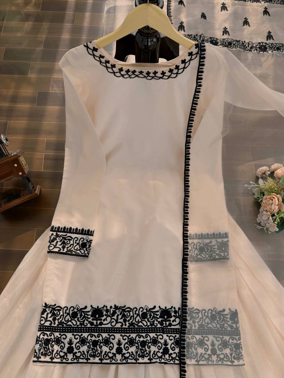 Ivory White Printed Kurta Sharara Set with Black Border Dupatta